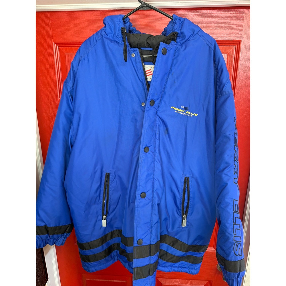 Vintage Perry Ellis America Blue Puffer Jacket Hooded XL 90s Streetwear‎ Coat